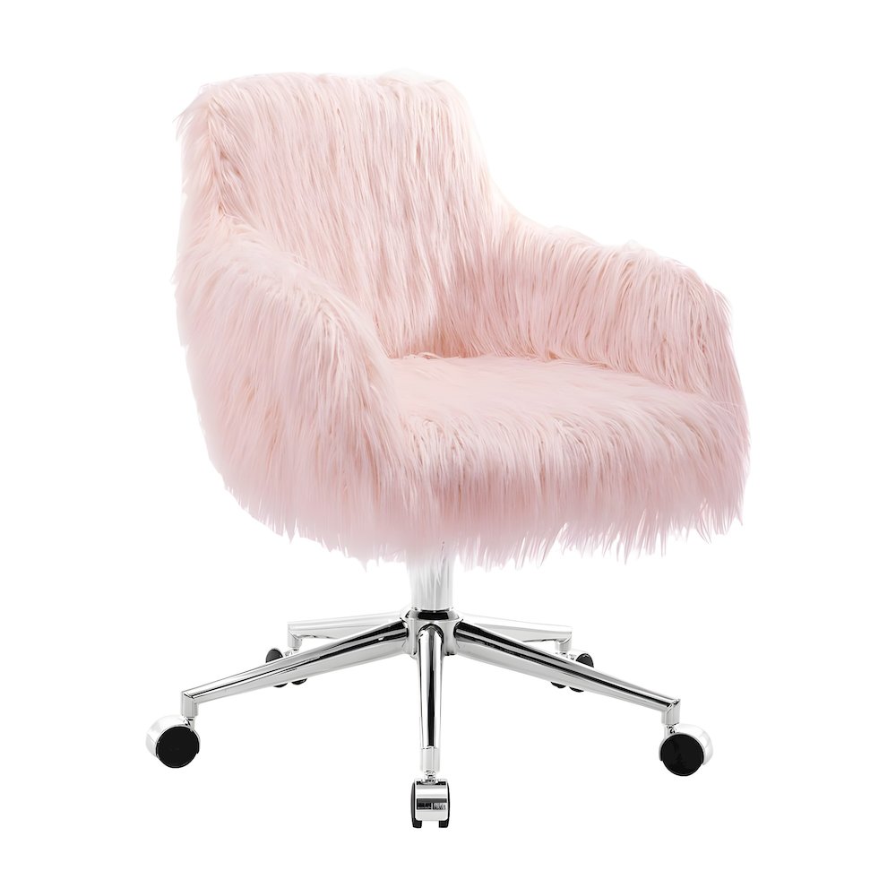 Faux Fur Upholstered Mid-Back Office Chair with Chrome Base and Casters, Pink