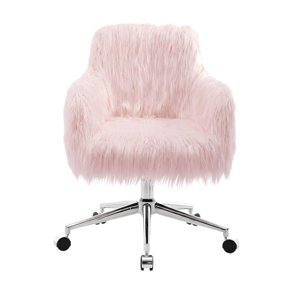 Faux Fur Upholstered Mid-Back Office Chair with Chrome Base and Casters, Pink