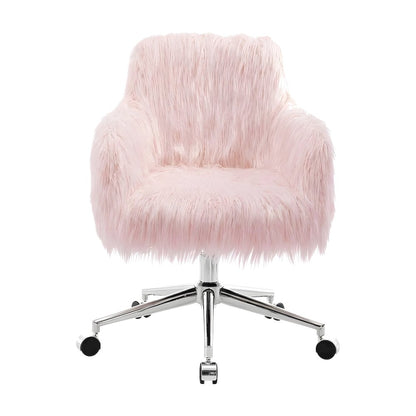 Faux Fur Upholstered Mid-Back Office Chair with Chrome Base and Casters, Pink