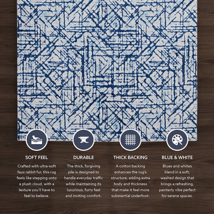Motif Printed Faux Rabbit Ingrain Blue White 5x7, Rug