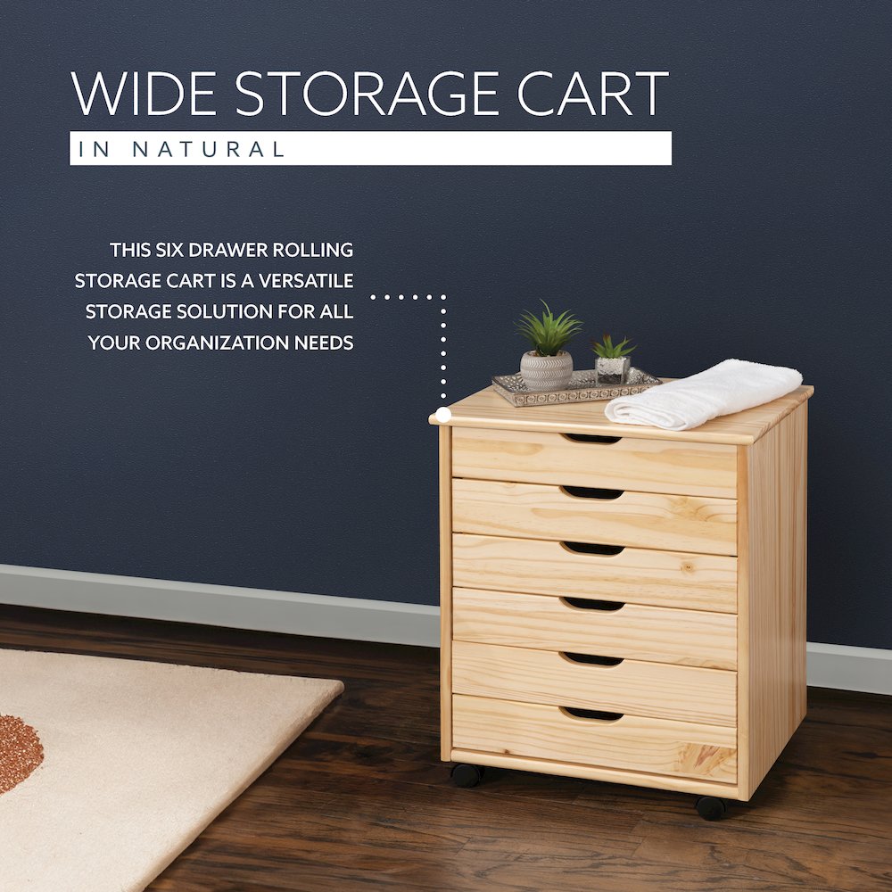Cary Six Drawer Wide Roll Cart, Natural
