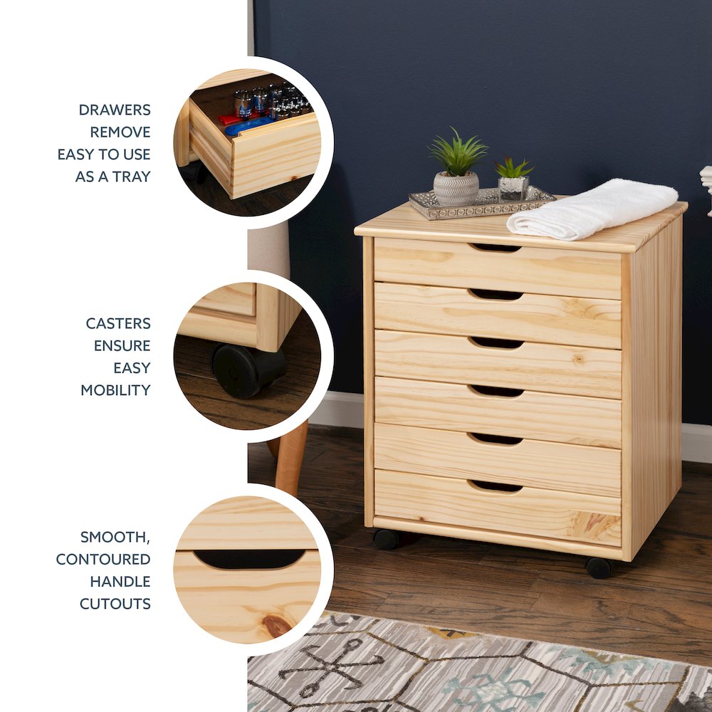 Cary Six Drawer Wide Roll Cart, Natural