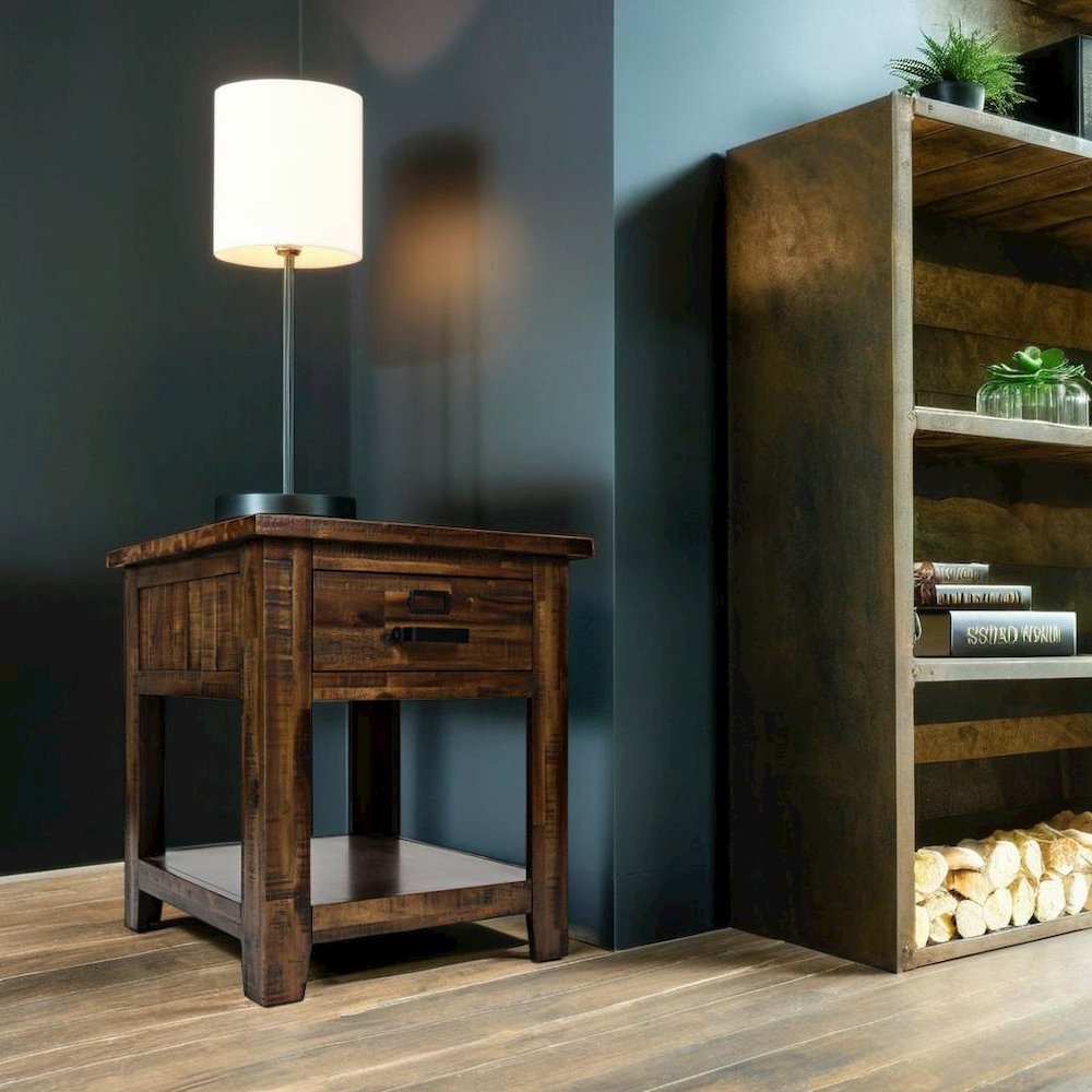 Gray Distressed Industrial End Table with Acacia and MDF Construction