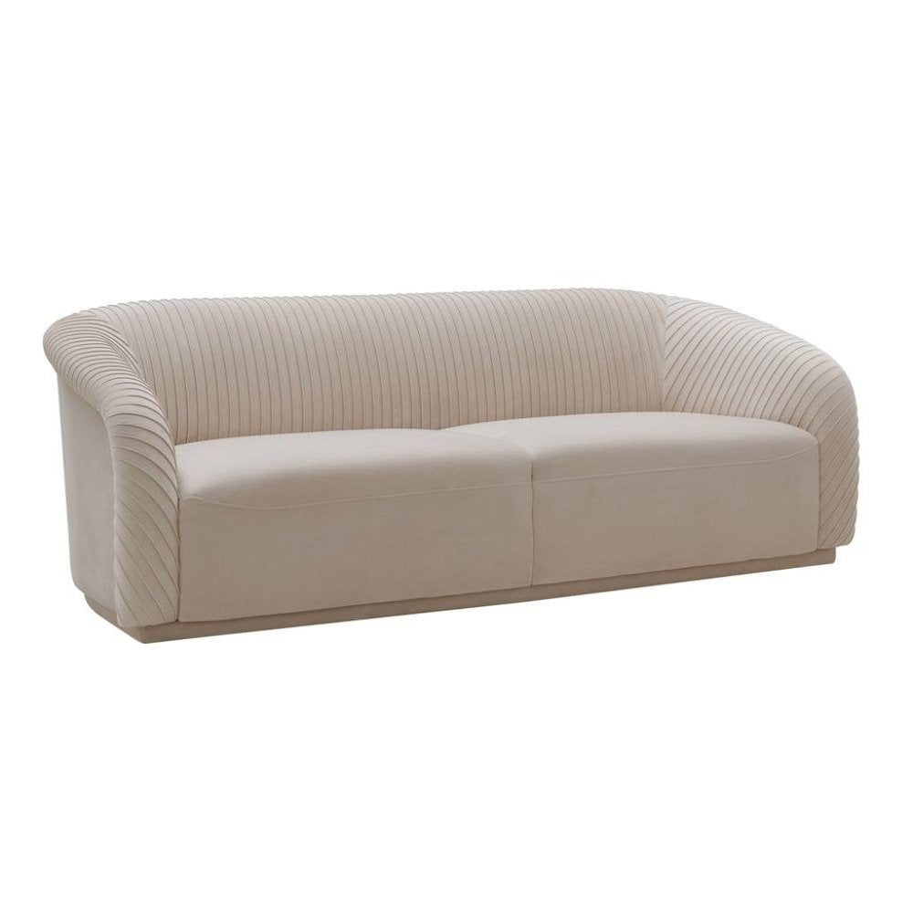 Beige Velvet 3 Seater Couch With Rolled Arms And Pleated Backrest Detail
