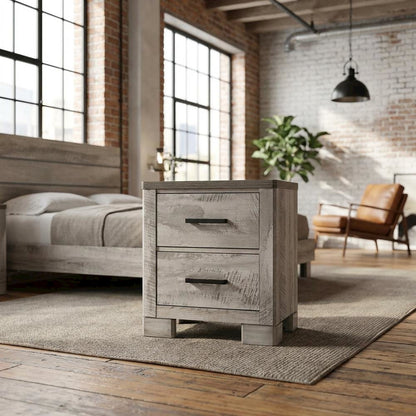 Gray 2-Drawer Wood Nightstand with Metal Handles