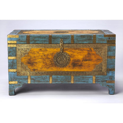 Multicolor Hand-Painted Wooden Storage Trunk Coffee Table with Brass Inlay