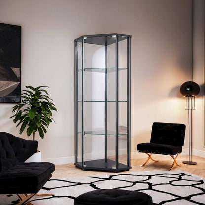 Sophisticated Black Glass Shelf Curio Cabinet with Clear Glass Doors