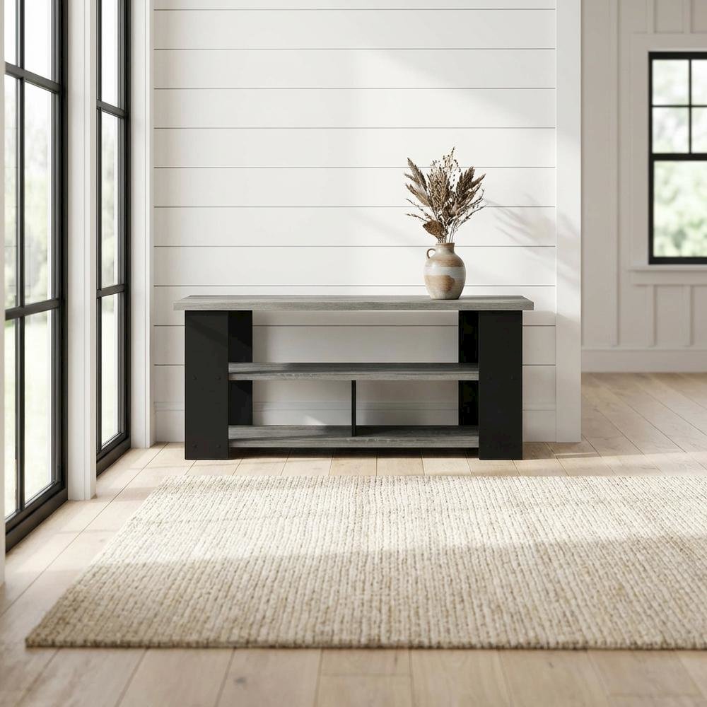 Wooden TV stand, up to 50-inch screens, modern French oak grey, black finish