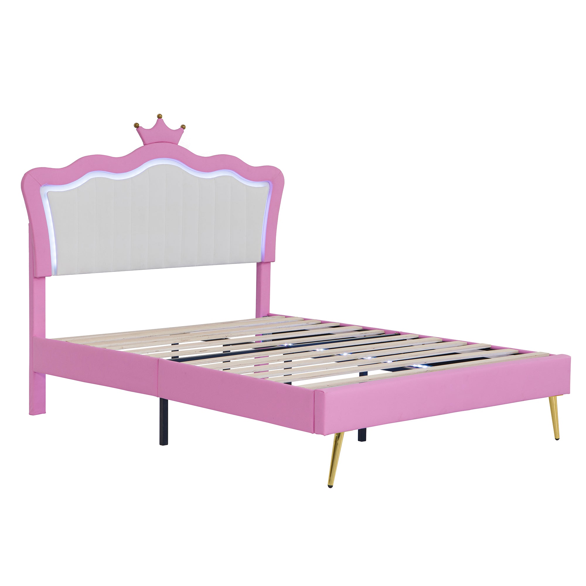 Full Size Upholstered Bed Frame with LED Lights, Modern Upholstered Princess Bed with Crown Headboard, Pink+White