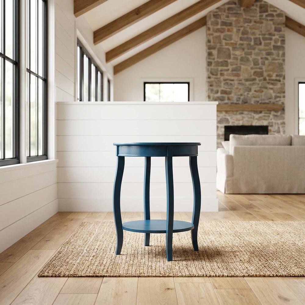 Teal Round Coffee Table with Lower Shelf and Modern Design