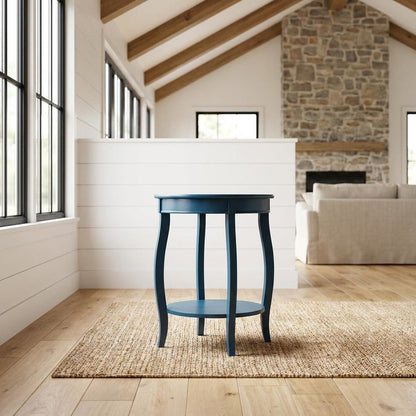 Teal Round Coffee Table with Lower Shelf and Modern Design