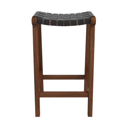 Modern Genuine Black Leather 24.5” Counter Stool with Wood Base