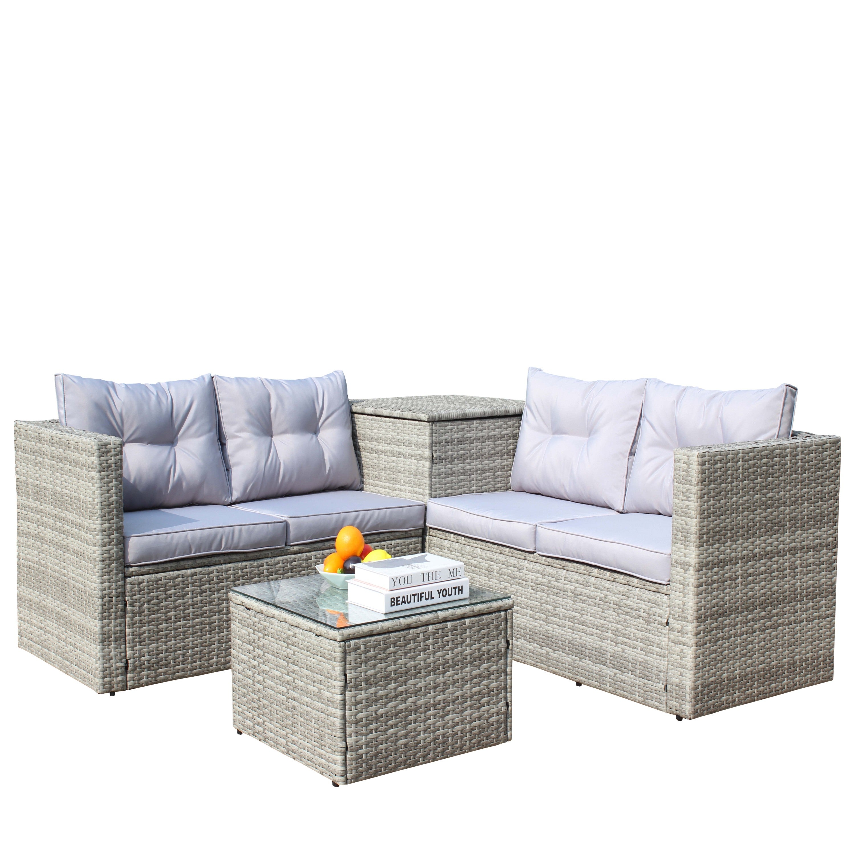 4 Piece Patio Sectional Wicker Rattan Outdoor Furniture Sofa Set with Storage Box Grey