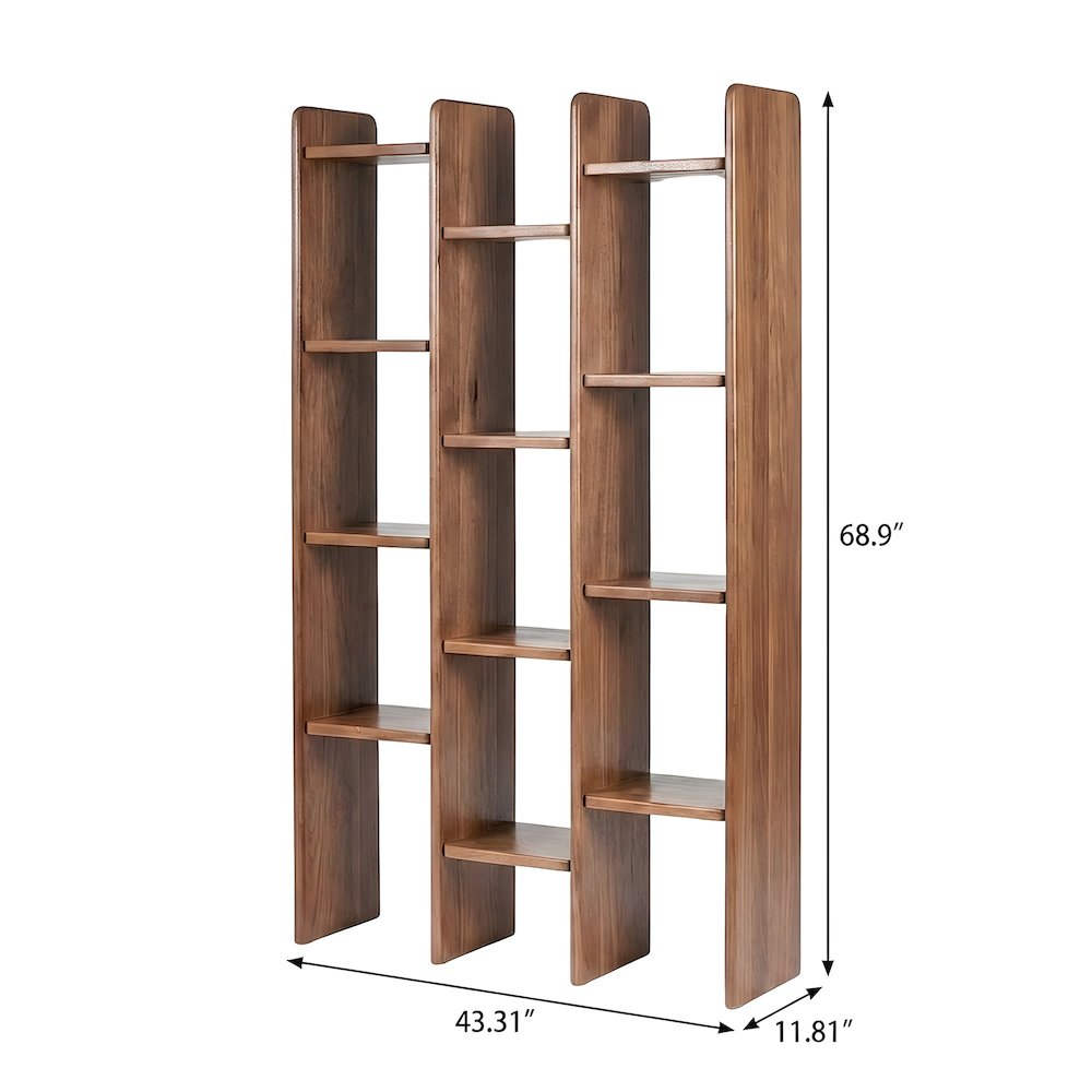 Solid Acacia Wood Open-Shelf Tall Bookcase with Dowel Joinery, 12 Shelves