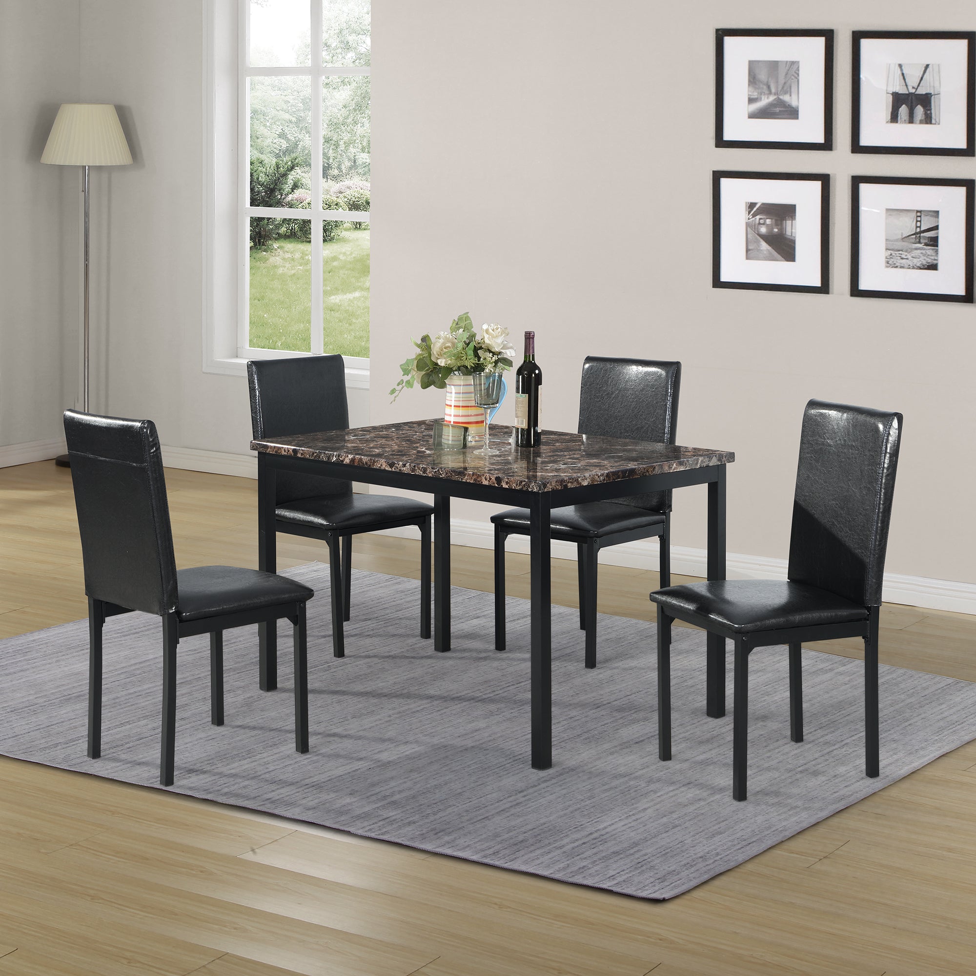 Furniture 5 Piece Metal Dinette Set with Faux Marble Top - Black,dinning set,table&4 chairs