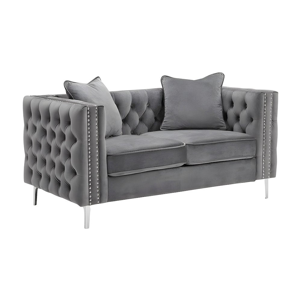 Velvet-Upholstered Loveseat with Button-Tufted Back and Nailhead Trims, Gray
