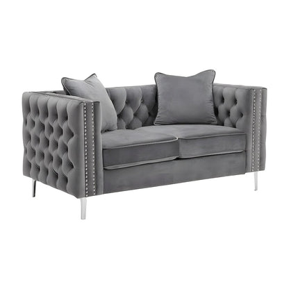 Velvet-Upholstered Loveseat with Button-Tufted Back and Nailhead Trims, Gray