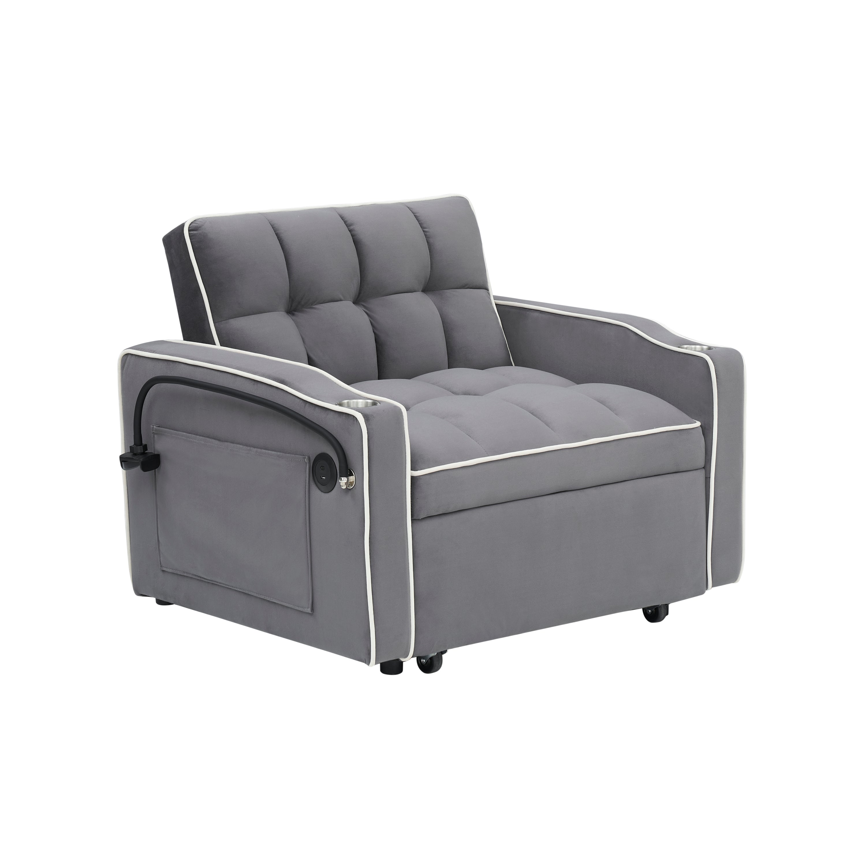 1 versatile foldable sofa bed in 3 lengths, modern sofa sofa sofa velvet pull-out bed, adjustable back and with USB port and ashtray and swivel phone stand dark grey