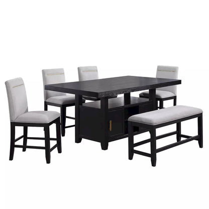 Rubbed Charcoal Finished Counter Height Dining Table for 6 with Chairs and Bench