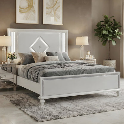 Solid Wood King Platform Bed Frame with Faux Leather Headboard, King, White
