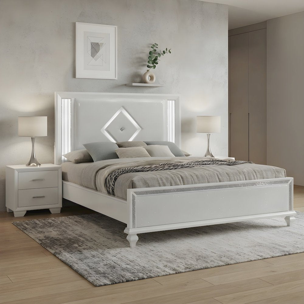 Solid Wood King Platform Bed Frame with Faux Leather Headboard, King, White