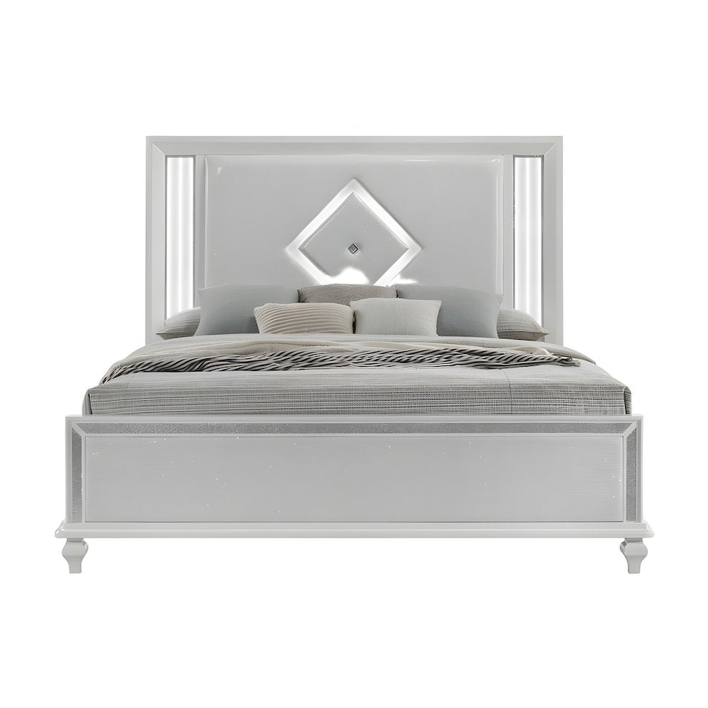 Solid Wood King Platform Bed Frame with Faux Leather Headboard, King, White