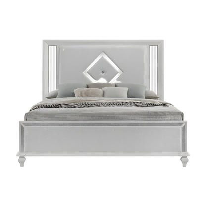 Solid Wood King Platform Bed Frame with Faux Leather Headboard, King, White