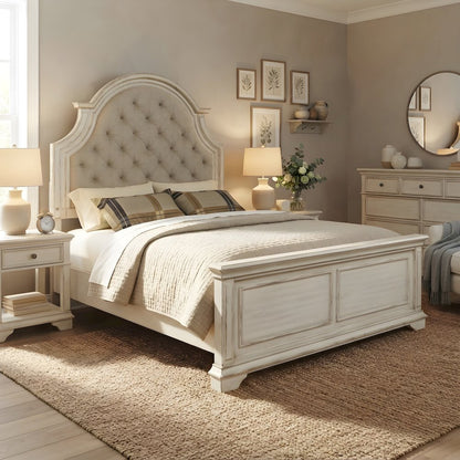 Traditional Wooden King Bed Frame with Ornate Headboard, Platform, White