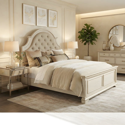 Traditional Wooden King Bed Frame with Ornate Headboard, Platform, White
