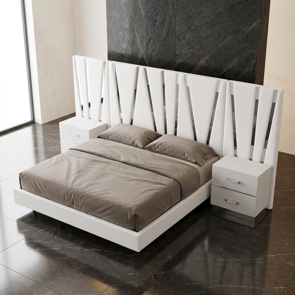 Solid Wood King Bed Set with Nightstands, Glam Modern Bedroom Furniture, White