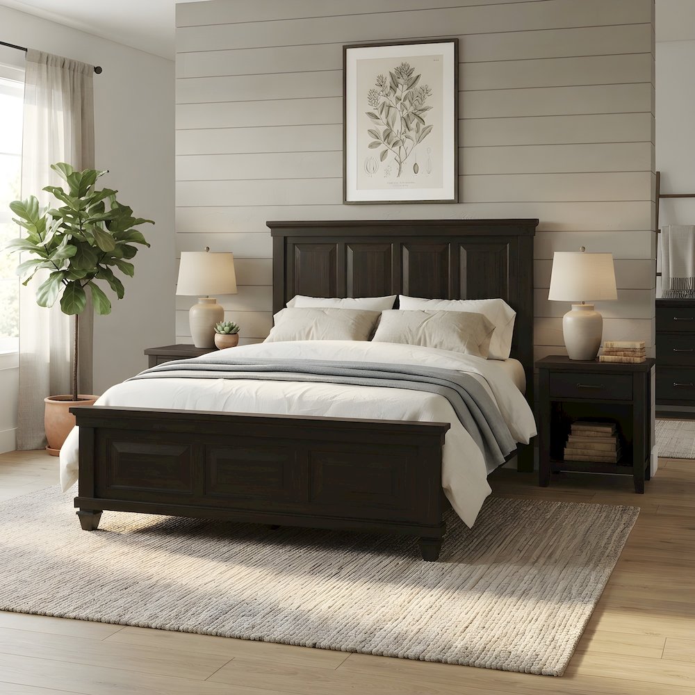 Contemporary Solid Wood King Platform Bed with Headboard, Walnut
