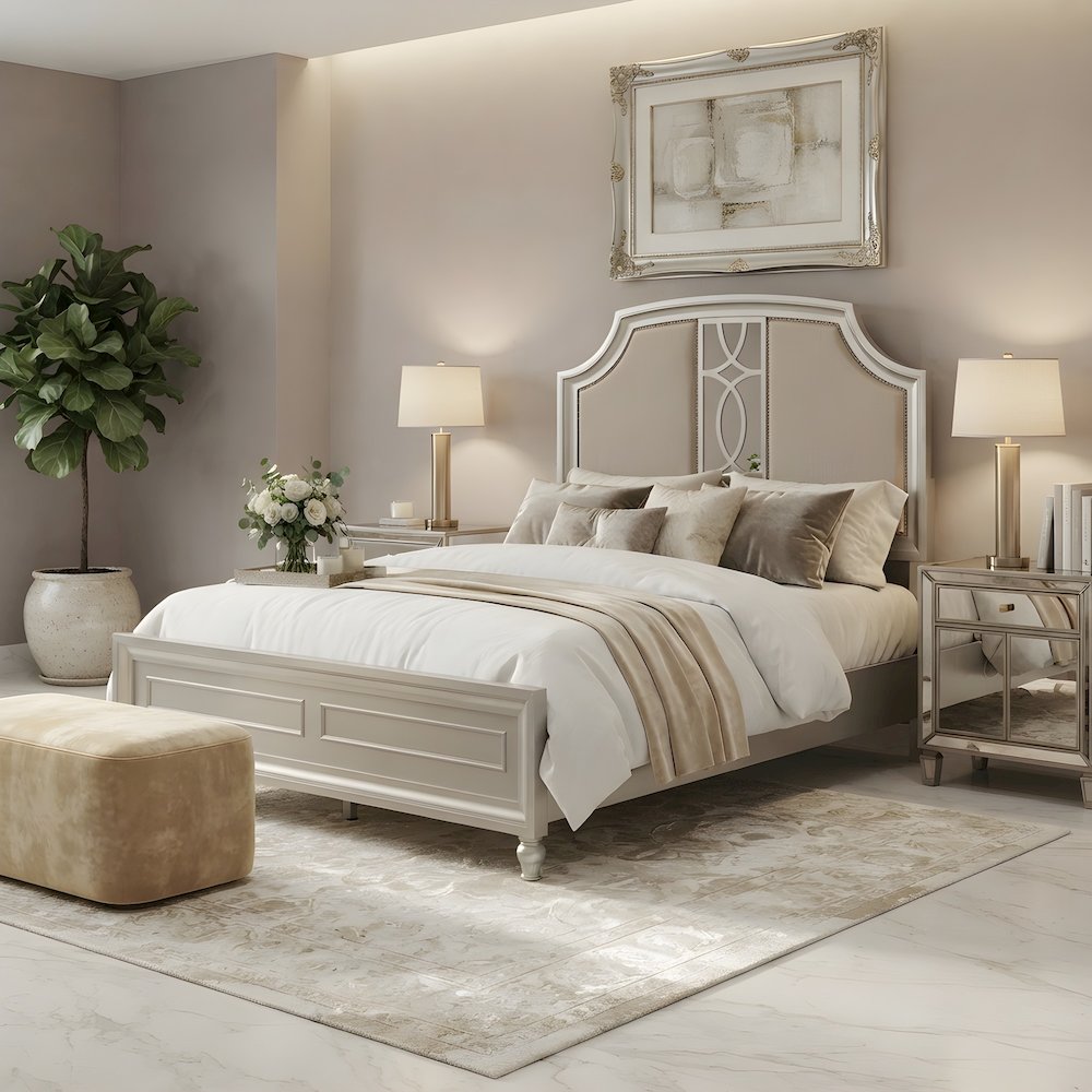 Solid Wood Upholstered Queen Platform Bed, Adjustable Headboard, Silver
