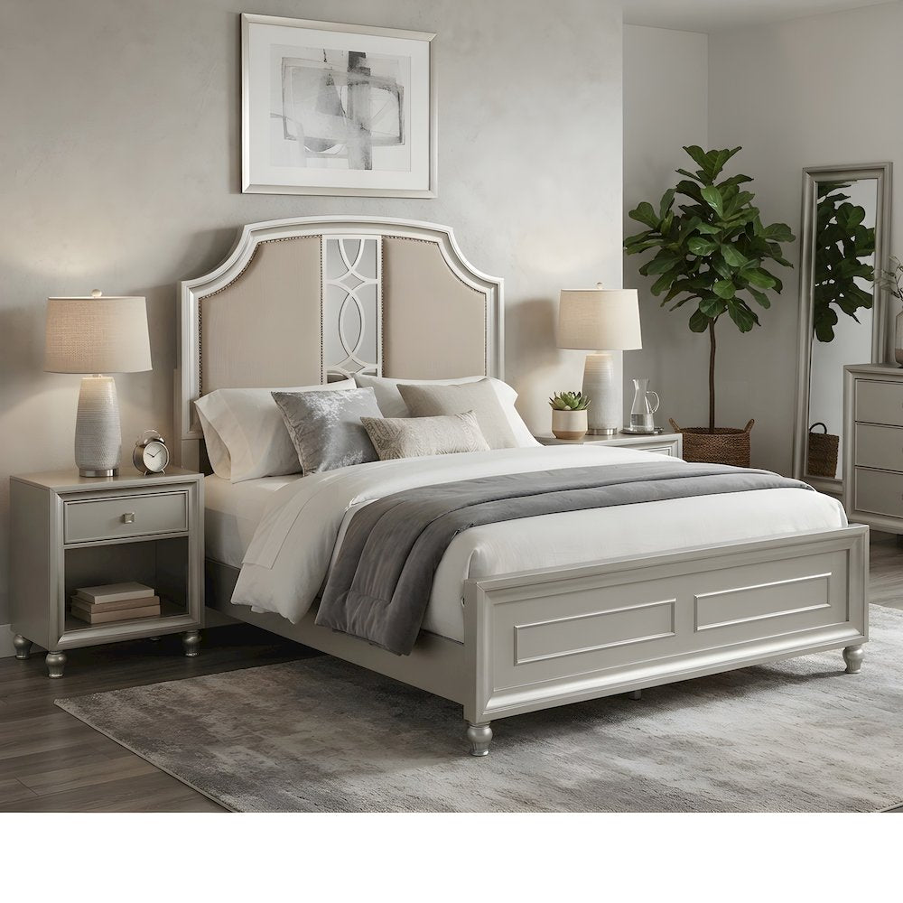Solid Wood Upholstered Queen Platform Bed, Adjustable Headboard, Silver