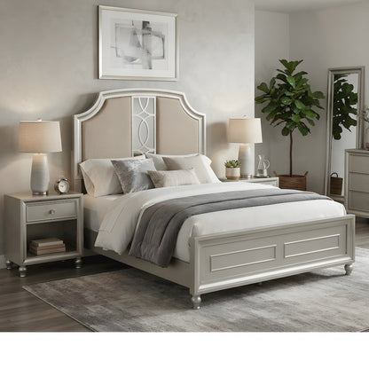 Solid Wood Upholstered Queen Platform Bed, Adjustable Headboard, Silver