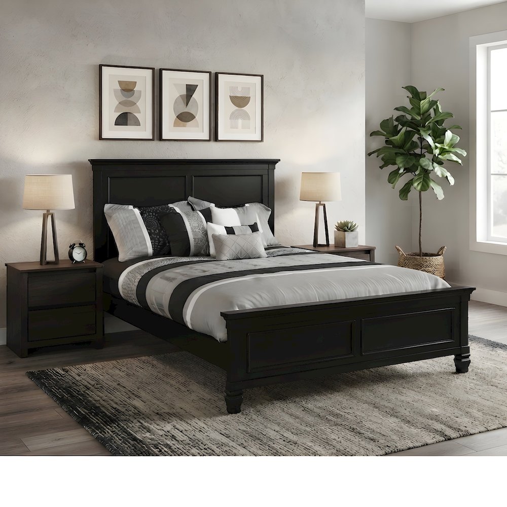 Solid Wood Full Size Platform Bed Frame with Headboard, Contemporary, Black