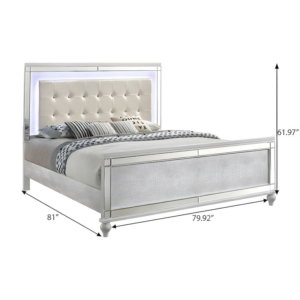 Solid Wood Platform Bed with Lighted Headboard, White, King
