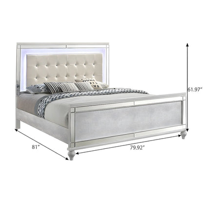Solid Wood Platform Bed with Lighted Headboard, White, King
