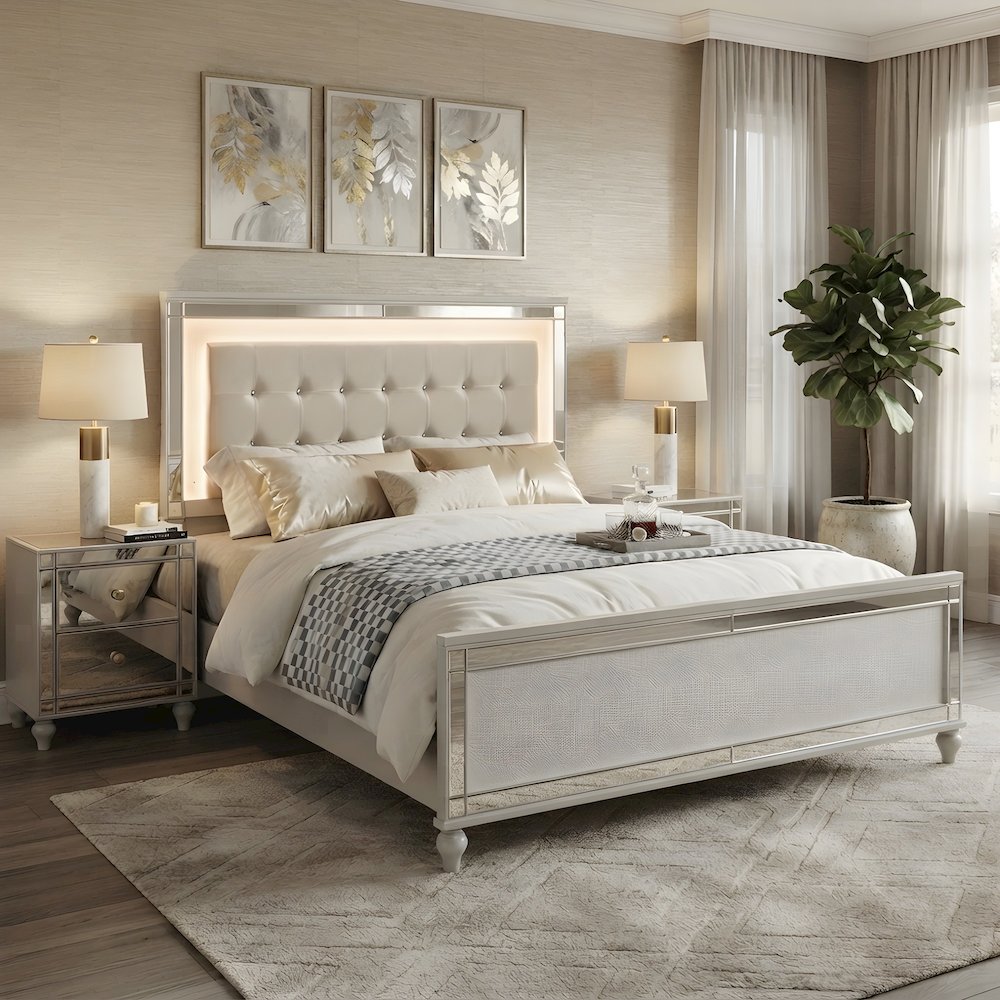 Solid Wood Platform Bed with Lighted Headboard, White, King