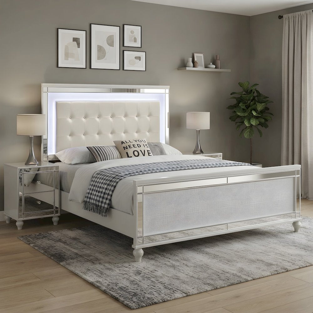 Solid Wood Platform Bed with Lighted Headboard, White, King