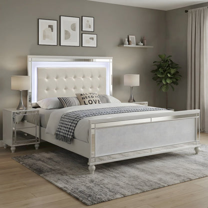 Solid Wood Platform Bed with Lighted Headboard, White, King
