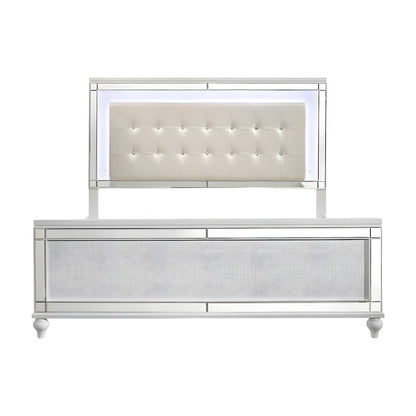 Solid Wood Platform Bed with Lighted Headboard, White, King