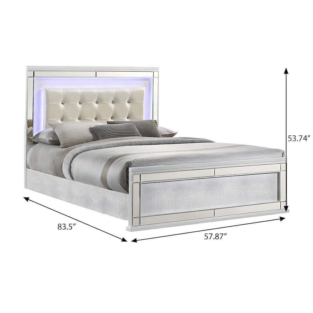 Solid Wood Platform Bed with Lighted Headboard, White, Full