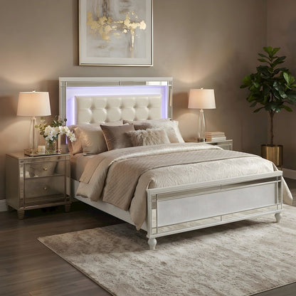 Solid Wood Platform Bed with Lighted Headboard, White, Full