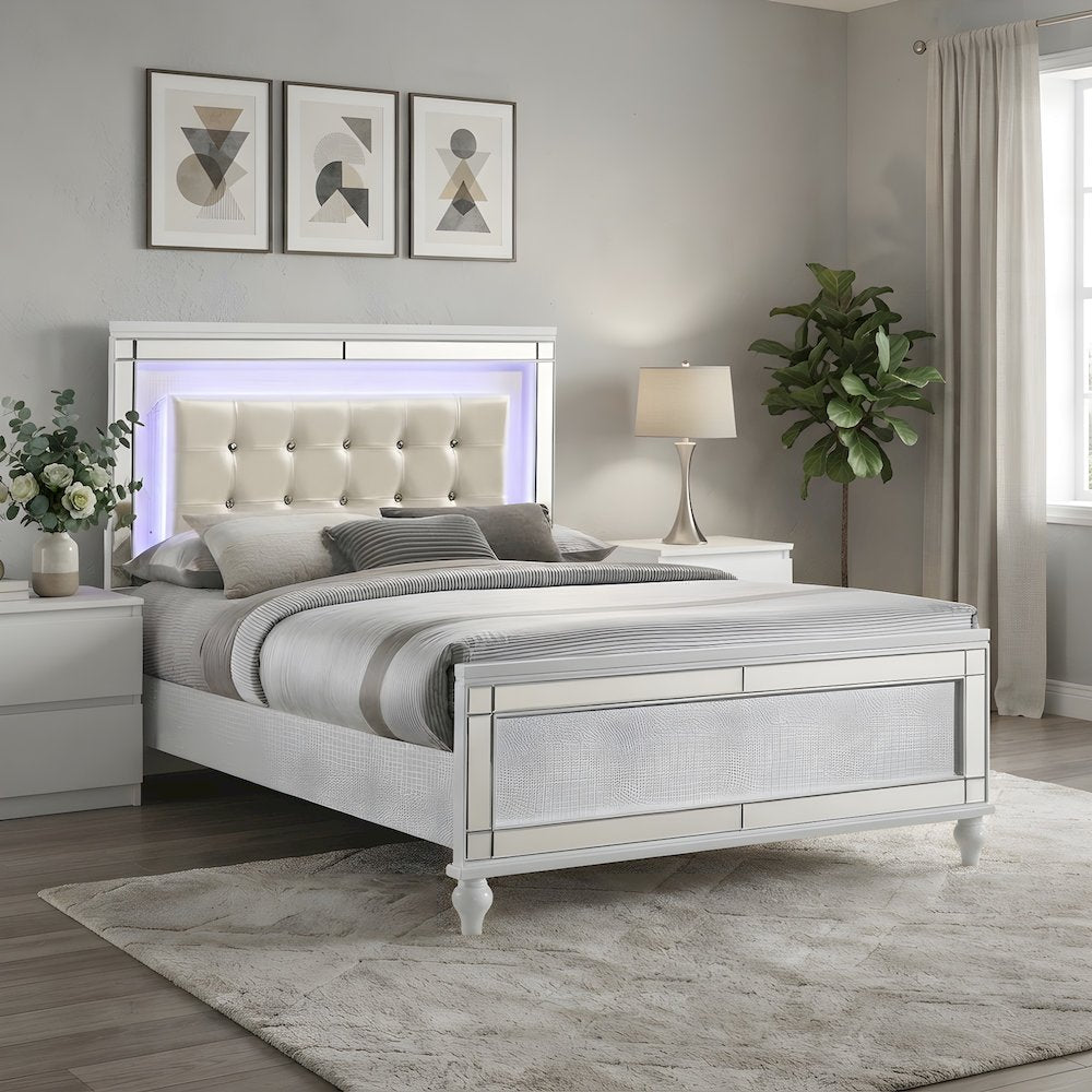 Solid Wood Platform Bed with Lighted Headboard, White, Full