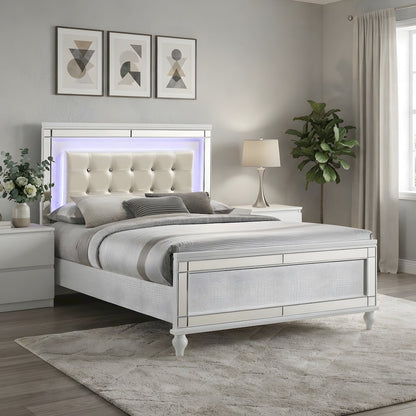Solid Wood Platform Bed with Lighted Headboard, White, Full