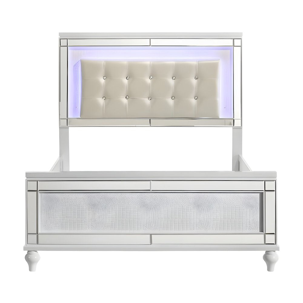 Solid Wood Platform Bed with Lighted Headboard, White, Full