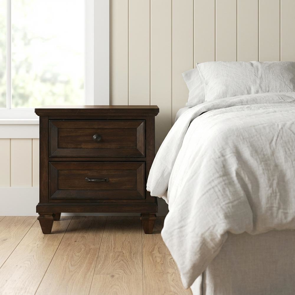 Walnut Solid Wood Nightstand with Two Drawers for Bedroom Storage