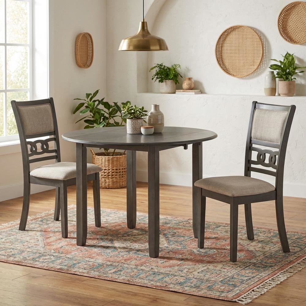 3-Piece Wood Dining Set Round Drop-Leaf Table 2 Chairs Contemporary Gray