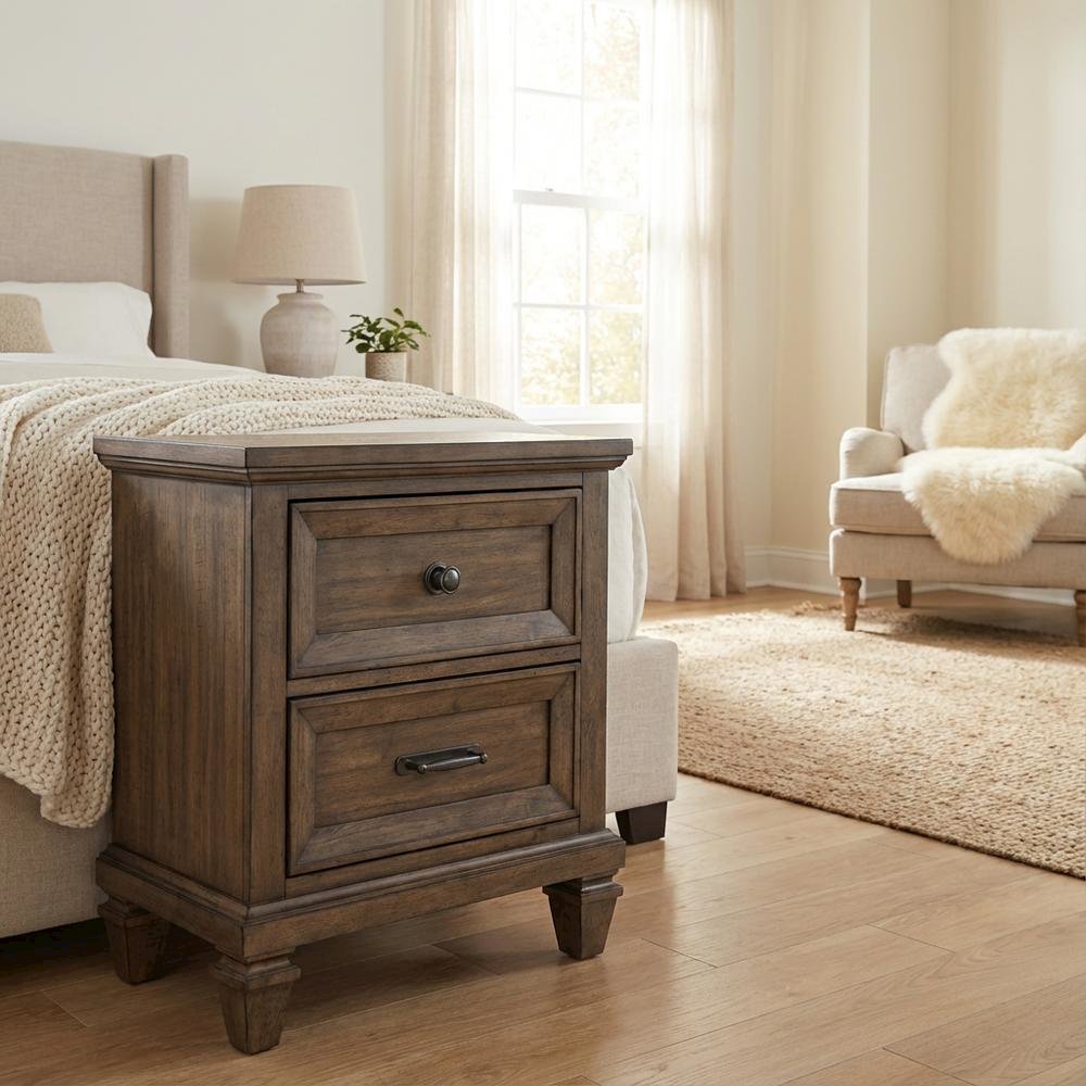 Vintage Mocha Wood Nightstand with 2 Drawers and Rectangular Shape