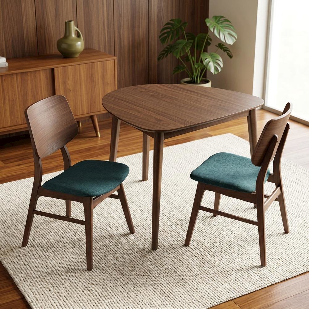 Solid Wood Corner Table Dining Set with Fabric-Upholstered Side Chairs, Teal